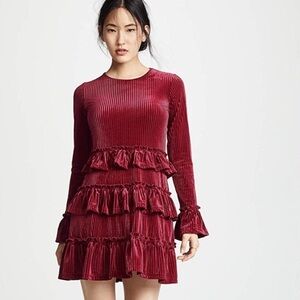 The Fifth Label Adore Tiered Ribbed Velvet Mini Dress Red